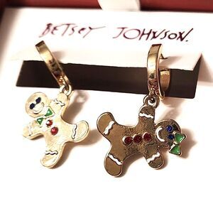 Betsey Johnson Gingerbread Goldtone Boy & Girl Dangling Hoop Earrings NIB